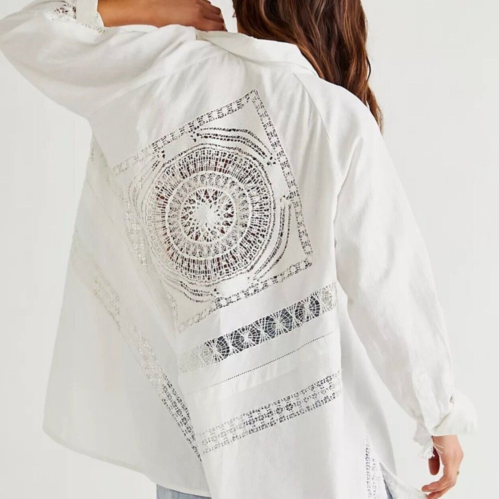Free People Dream Weaver Tunic White Button Down Blouse Cutout Size XL $248 NWT